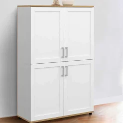 IDMarket Buffet haut blanc et bois avec 4 portes 125 cm* Buffets|Salon Complet