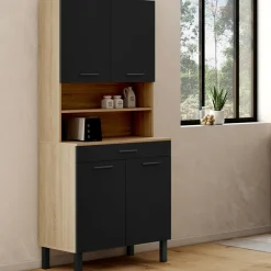 IDMarket Buffet haut de cuisine bois façon hêtre 80 cm 4 portes + tiroir noir* Meubles Tiroirs|Meubles Hauts