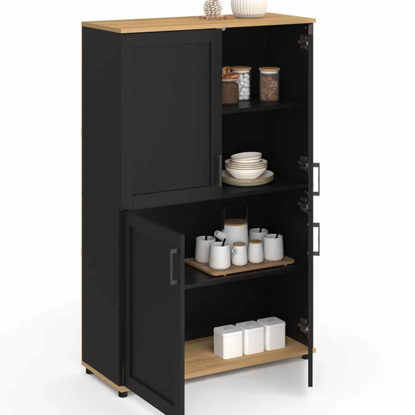 IDMarket Buffet haut noir et bois avec 4 portes 125 cm* Buffets|Salon Complet
