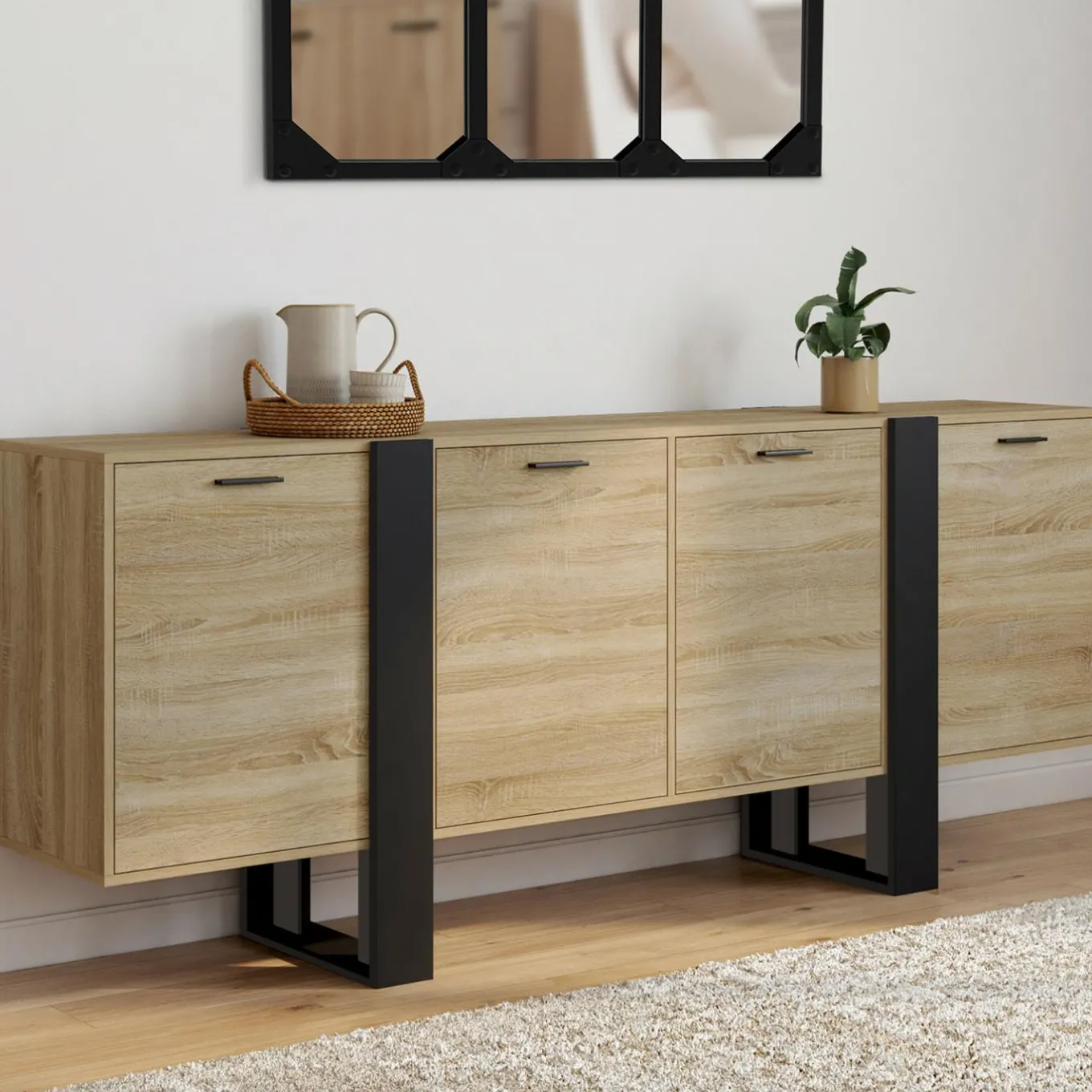 IDMarket Buffet industriel 200 cm enfilade XXL bois et noir* Meubles En Bois|Buffets