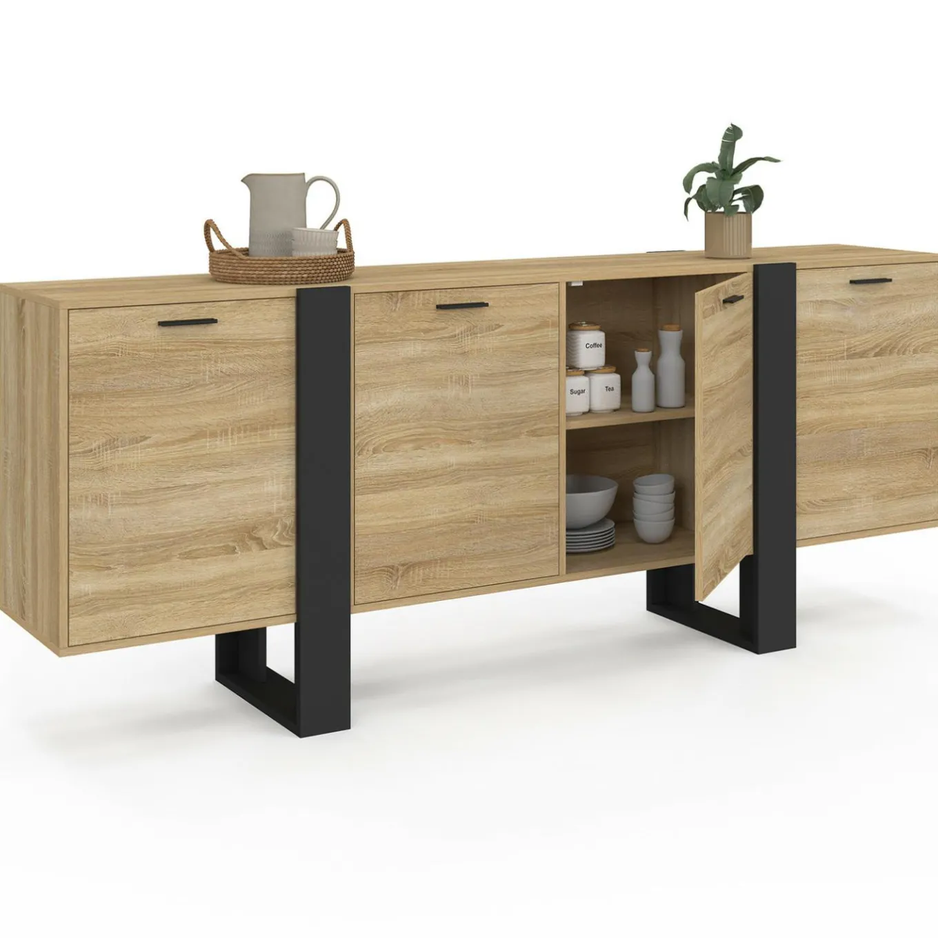 IDMarket Buffet industriel 200 cm enfilade XXL bois et noir* Meubles En Bois|Buffets