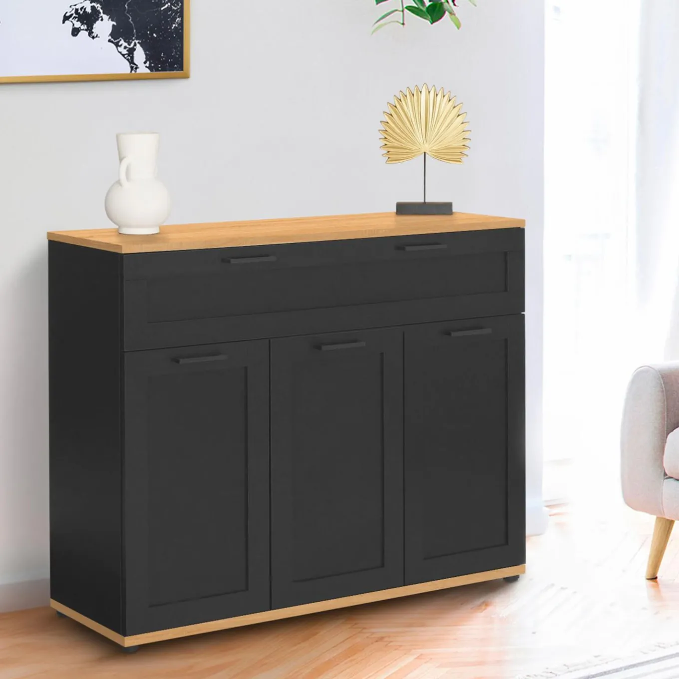 IDMarket Buffet noir et bois 3 portes et 1 tiroir* Meubles Tiroirs|Collection Design
