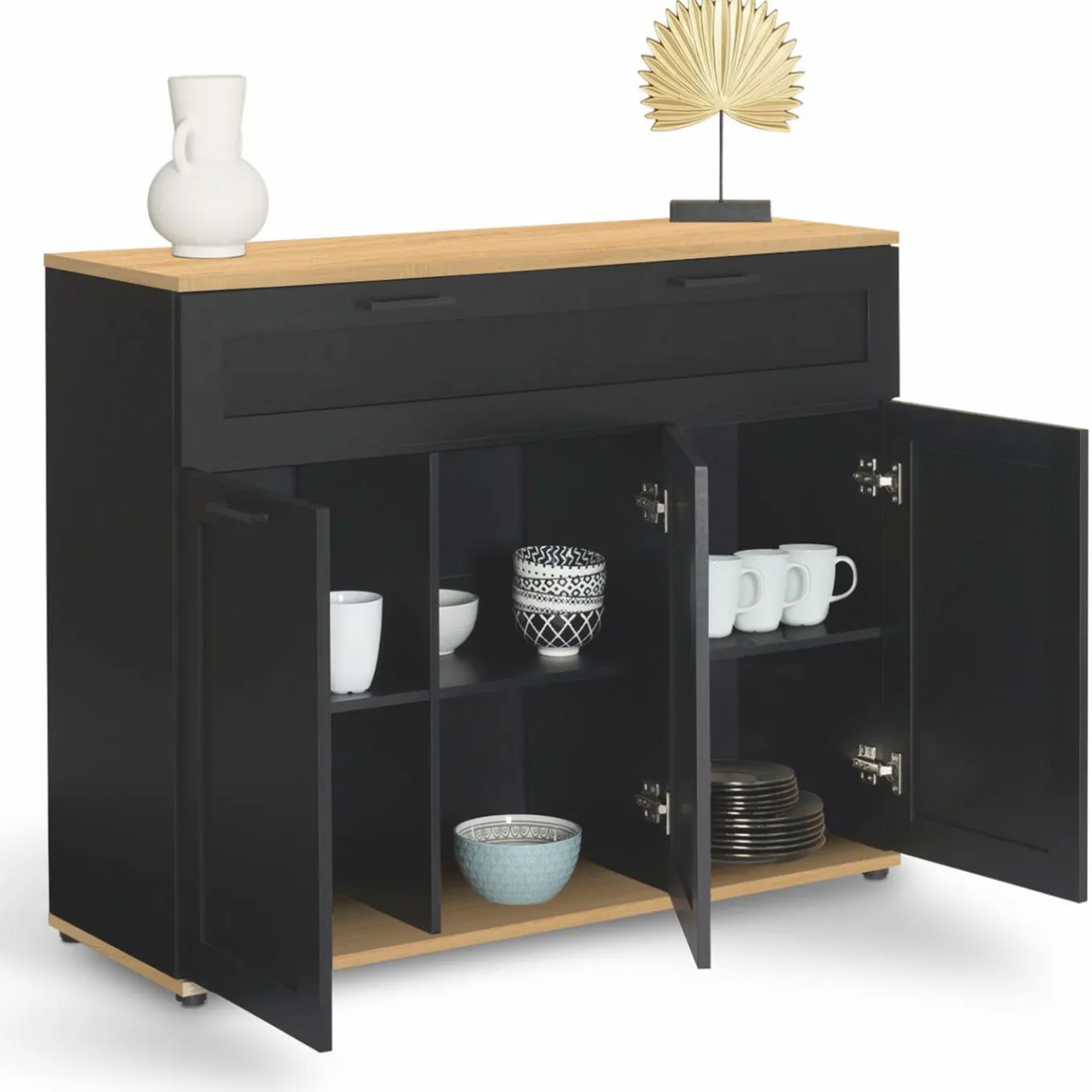 IDMarket Buffet noir et bois 3 portes et 1 tiroir* Meubles Tiroirs|Collection Design