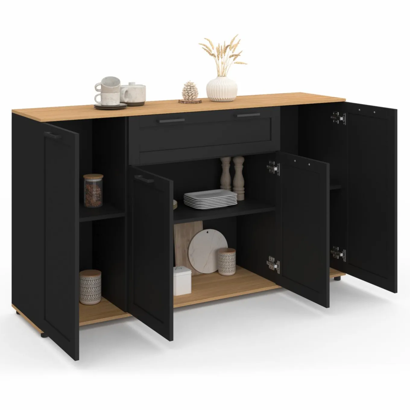 IDMarket Buffet noir et bois 4 portes 1 tiroir* Buffets|Salon Complet