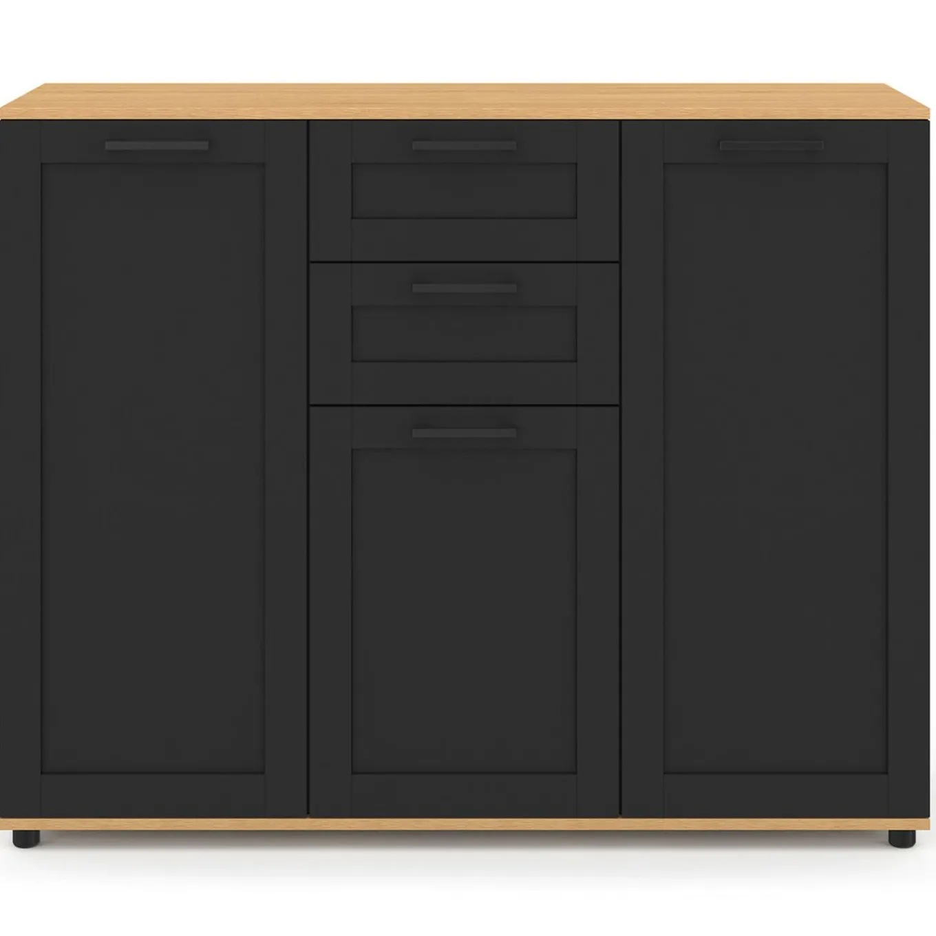 IDMarket Buffet noir et plateau bois 100 cm avec 3 portes et 2 tiroirs* Collection Design|Collection Moderne