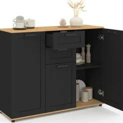 IDMarket Buffet noir et plateau bois 100 cm avec 3 portes et 2 tiroirs* Collection Design|Collection Moderne