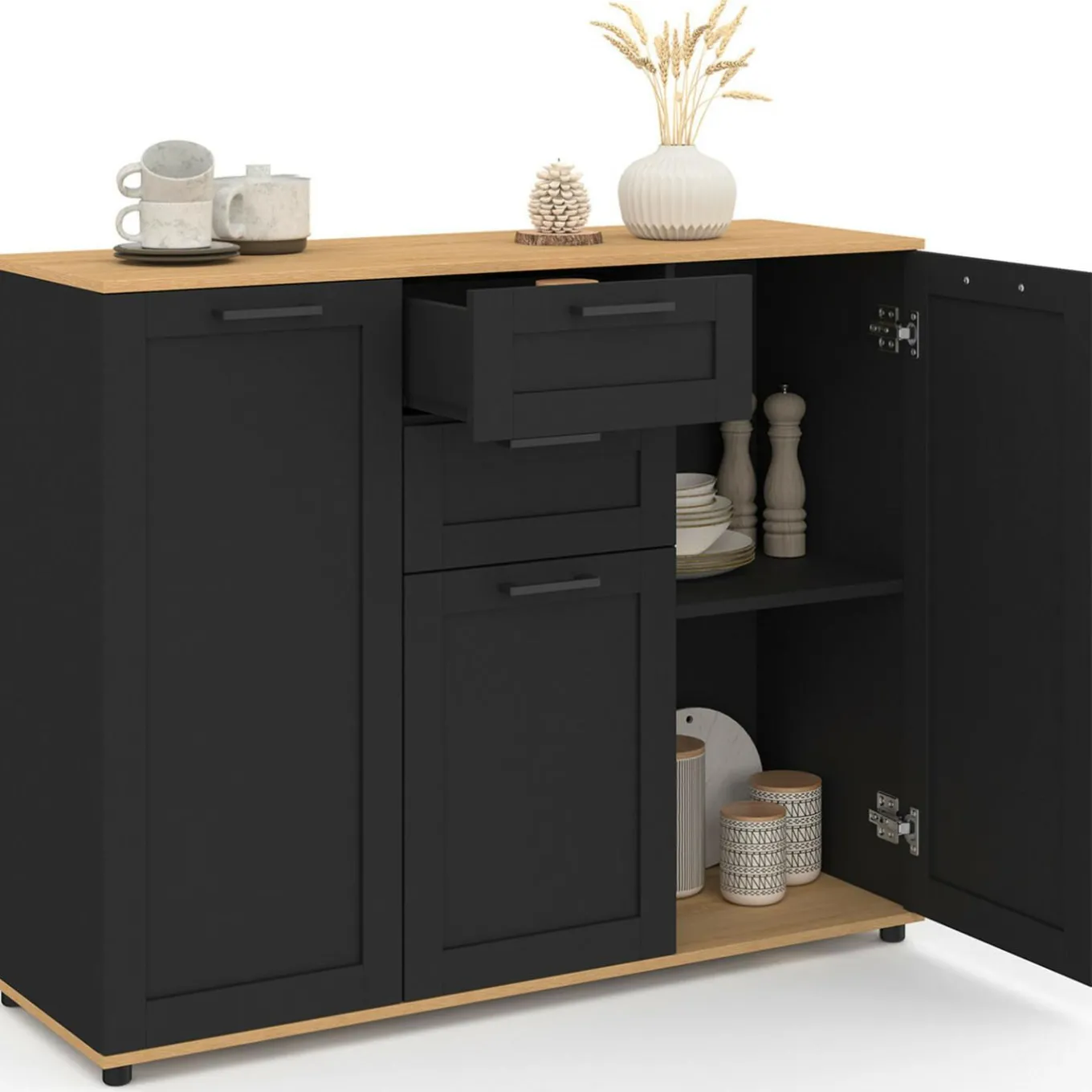 IDMarket Buffet noir et plateau bois 100 cm avec 3 portes et 2 tiroirs* Collection Design|Collection Moderne