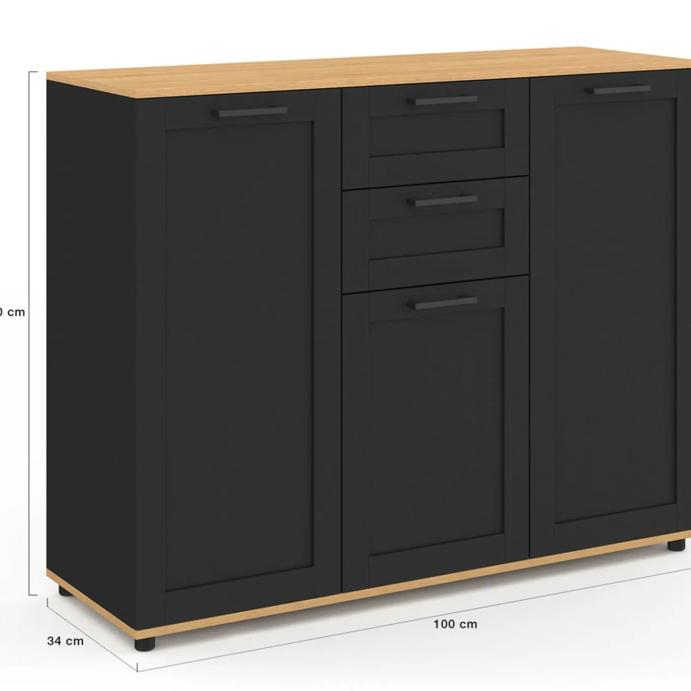 IDMarket Buffet noir et plateau bois 100 cm avec 3 portes et 2 tiroirs* Collection Design|Collection Moderne