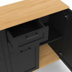 IDMarket Buffet noir et plateau bois 100 cm avec 3 portes et 2 tiroirs* Collection Design|Collection Moderne