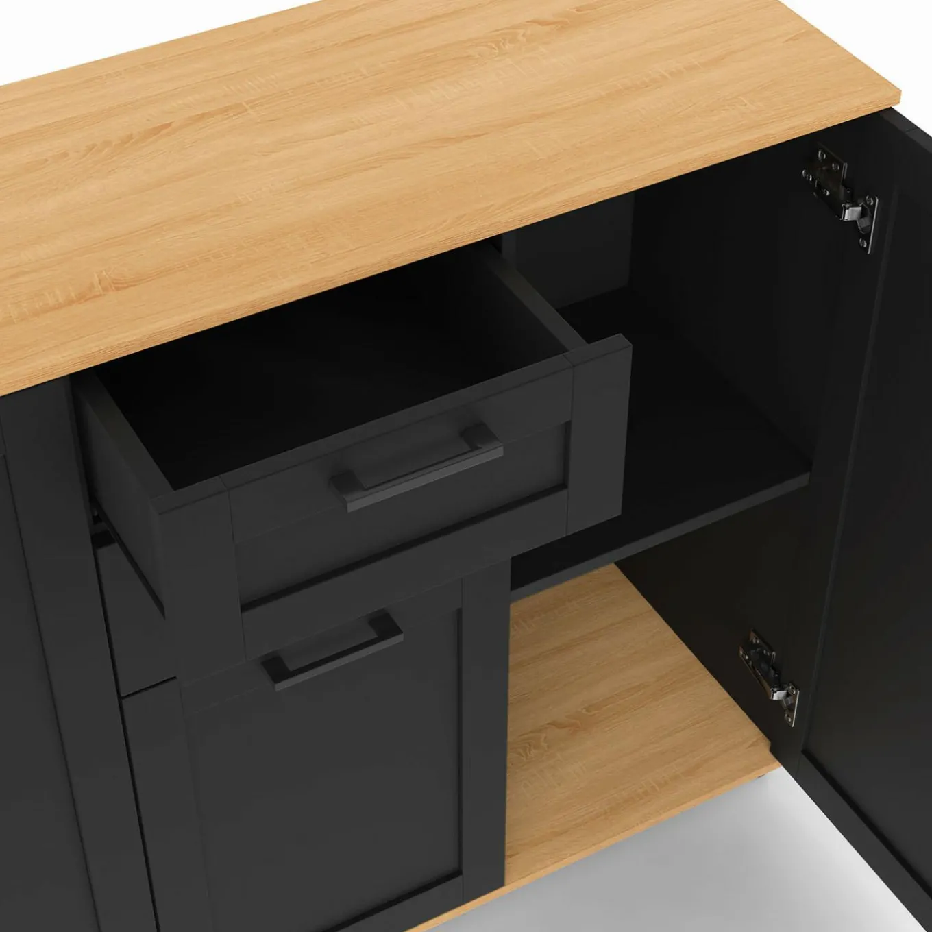 IDMarket Buffet noir et plateau bois 100 cm avec 3 portes et 2 tiroirs* Collection Design|Collection Moderne