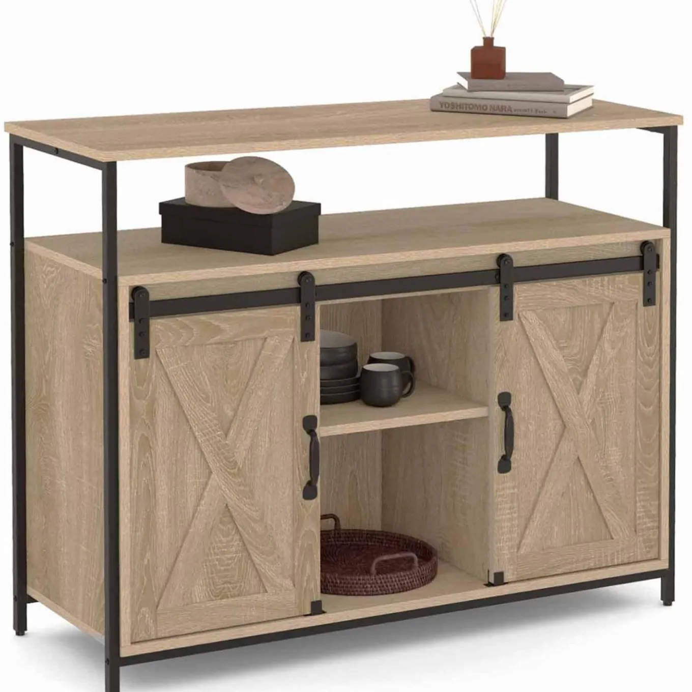 IDMarket Buffet portes coulissantes grange bois clair effet vieilli* Collection Industrielle|Salle À Manger Complète