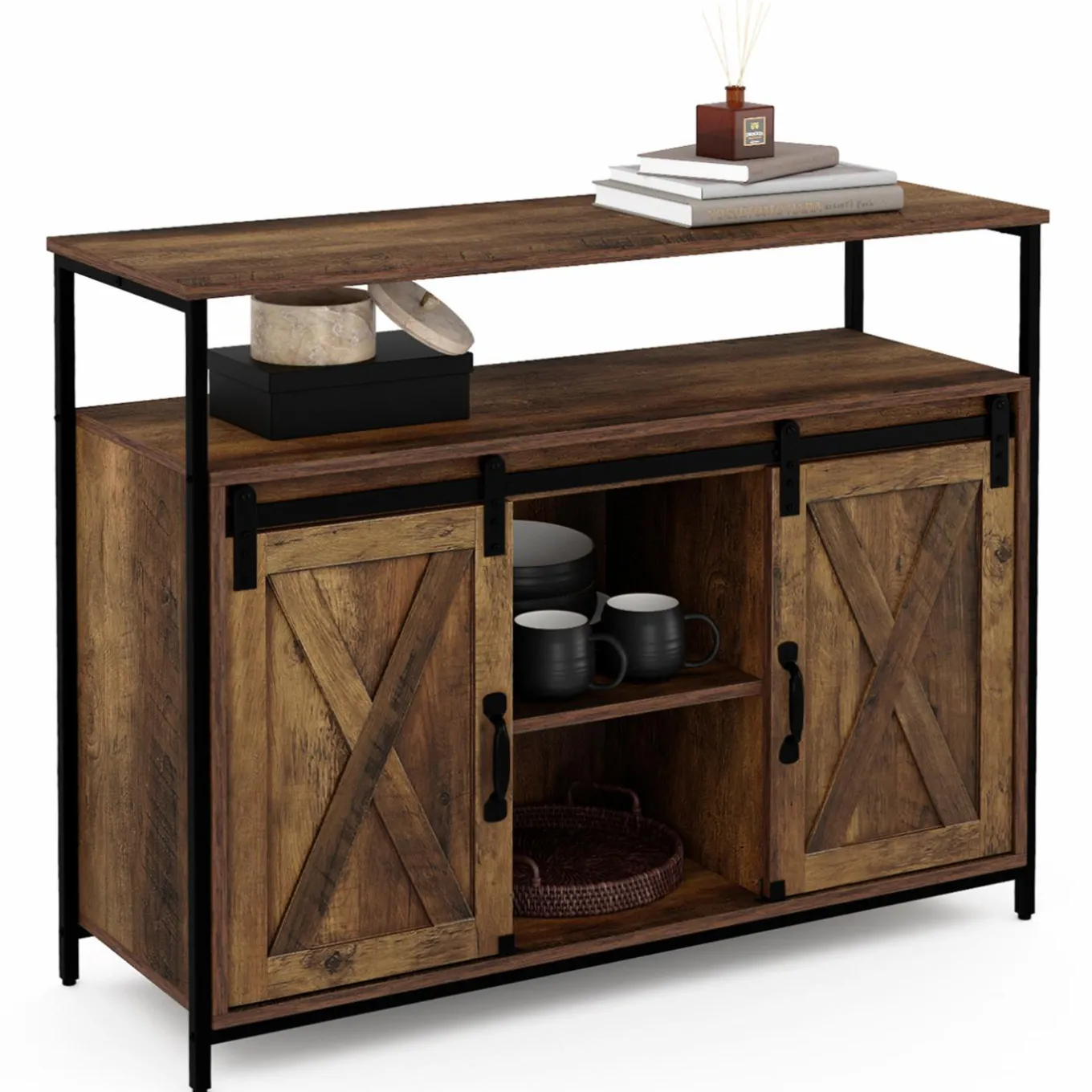 IDMarket Buffet portes coulissantes grange bois foncé effet vieilli* Collection Vintage|Buffets
