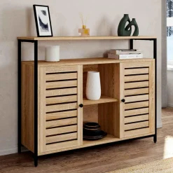 IDMarket Buffet portes persiennes bois et métal noir* Collection Industrielle|Salle À Manger Complète