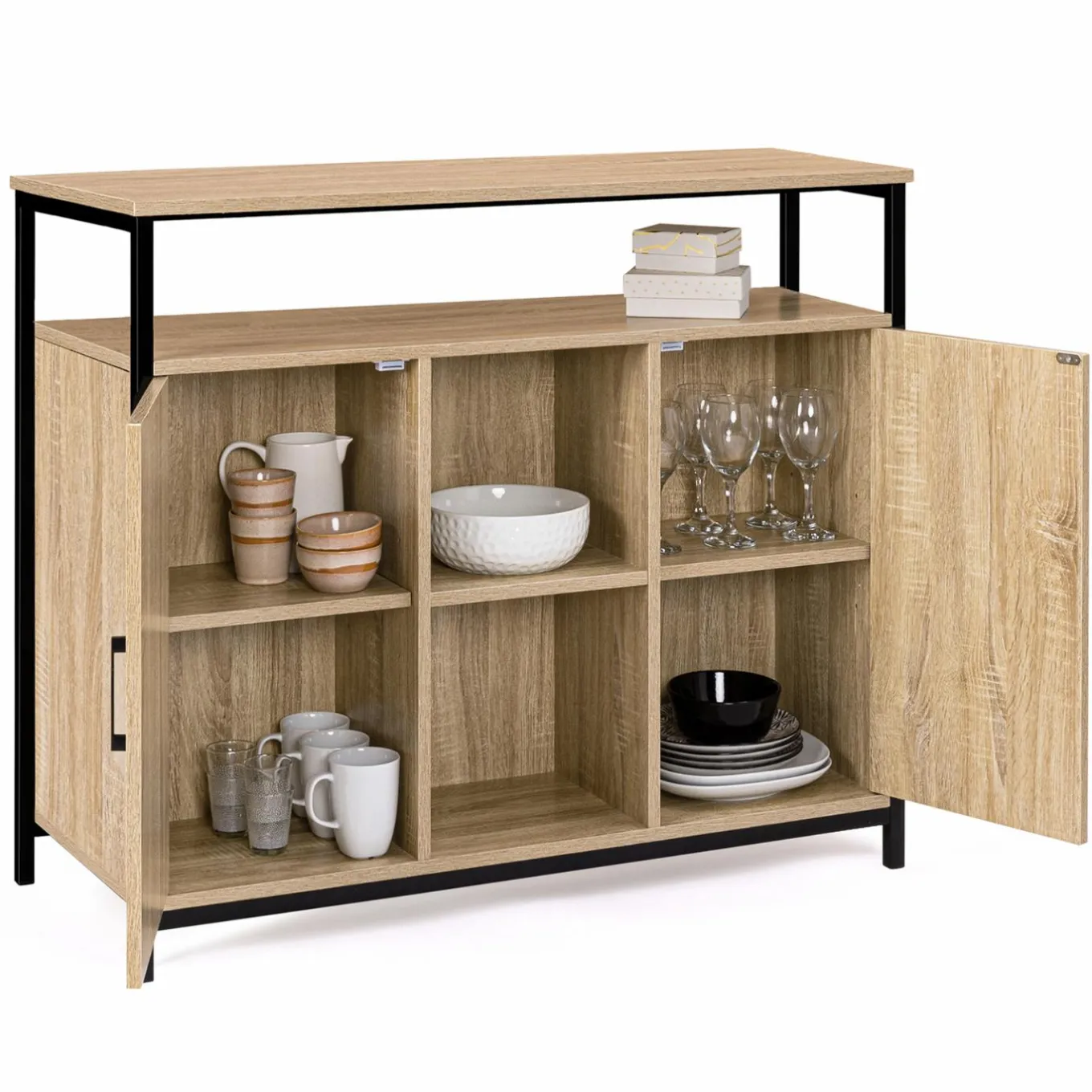 IDMarket Buffet style industriel avec 2 portes et étagères en bois et métal noir 100 cm* Meubles Bas|Meubles En Bois