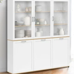 IDMarket Buffet vaisselier 160 cm meuble de cuisine 6 portes blanc et bois* Meubles Blancs|Meubles En Bois