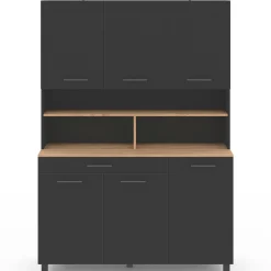 IDMarket Buffet vaisselier noir 6 portes, 1 tiroir et plateaux façon hêtre* Meubles Tiroirs|Meubles Hauts