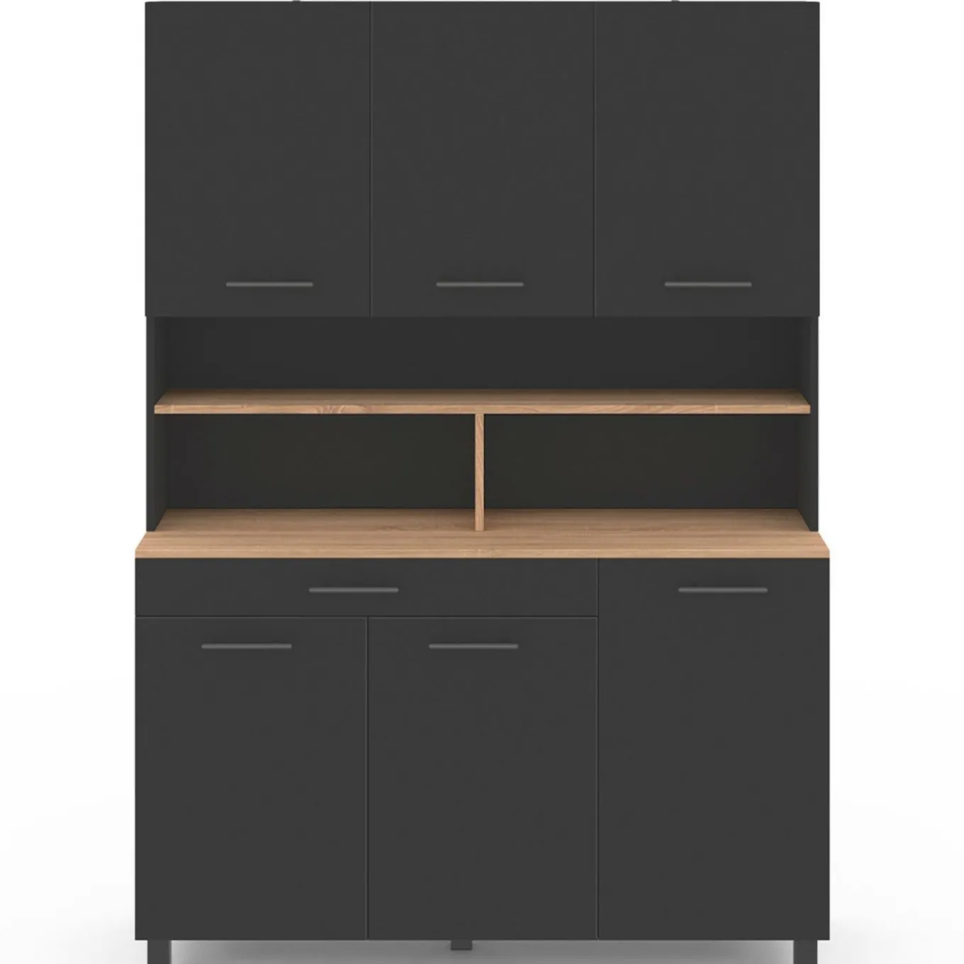 IDMarket Buffet vaisselier noir 6 portes, 1 tiroir et plateaux façon hêtre* Meubles Tiroirs|Meubles Hauts