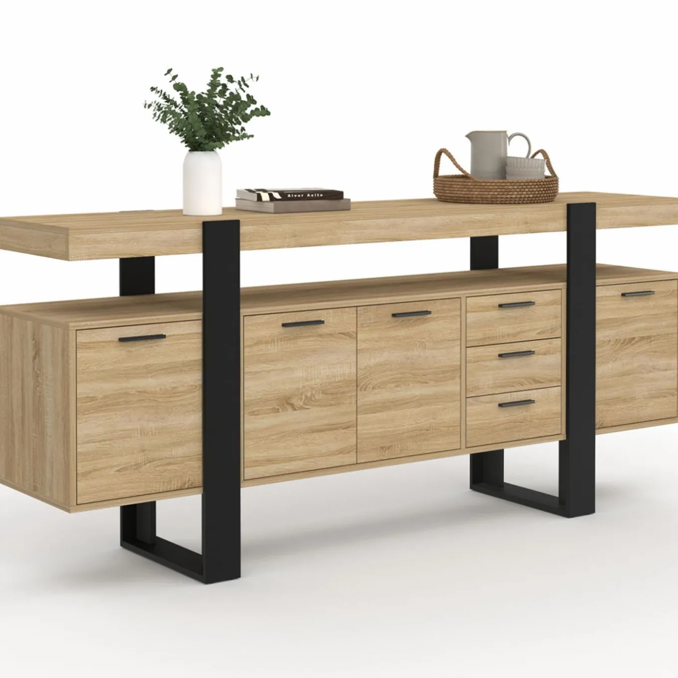 IDMarket Buffet XXL 180 cm 4 portes 3 tiroirs bois et noir* Buffets