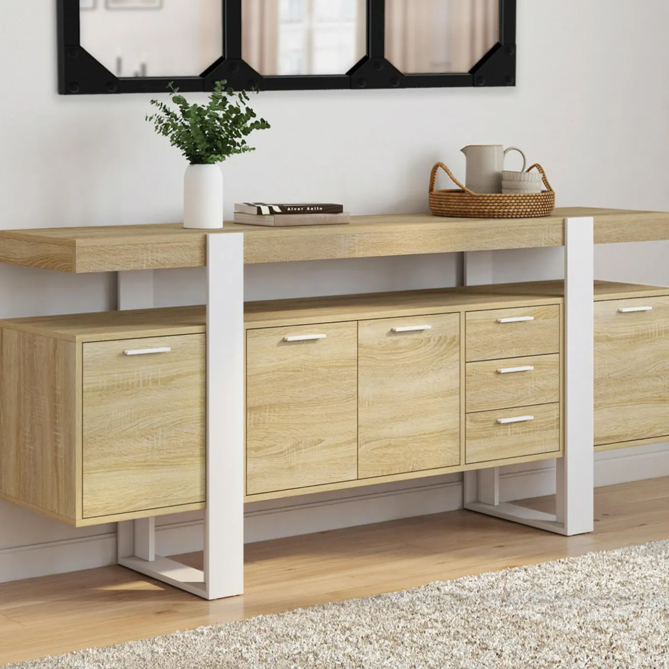 IDMarket Buffet XXL bois et blanc industriel 180 cm 4 portes 3 tiroirs* Buffets|Salon Complet