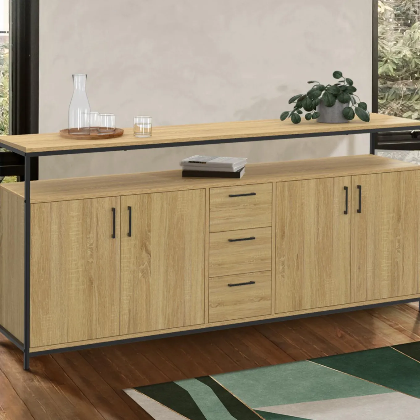 IDMarket Buffet XXL bois et noir style industriel 180 cm 4 portes et tiroirs* Buffets|Collection Industrielle