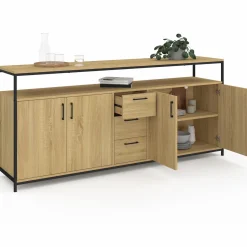 IDMarket Buffet XXL bois et noir style industriel 180 cm 4 portes et tiroirs* Buffets|Collection Industrielle