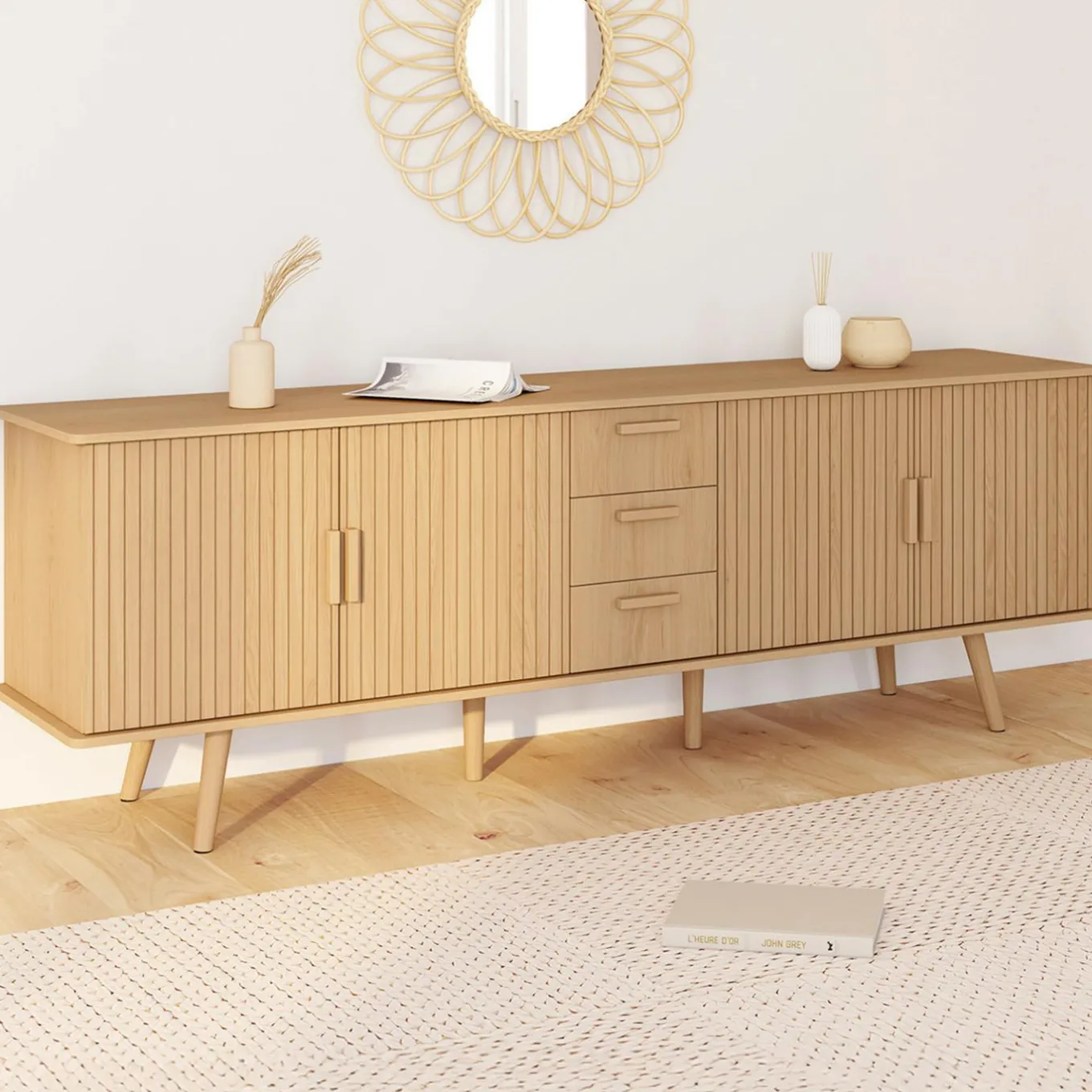 IDMarket Buffet XXL de 180 cm avec 4 portes et 3 tiroirs à l’effet lattes et tasseaux en bois coloris chêne* Meubles En Bois|Buffets