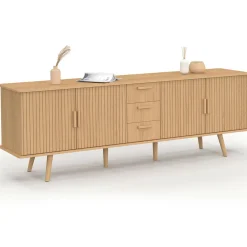 IDMarket Buffet XXL de 180 cm avec 4 portes et 3 tiroirs à l’effet lattes et tasseaux en bois coloris chêne* Meubles En Bois|Buffets