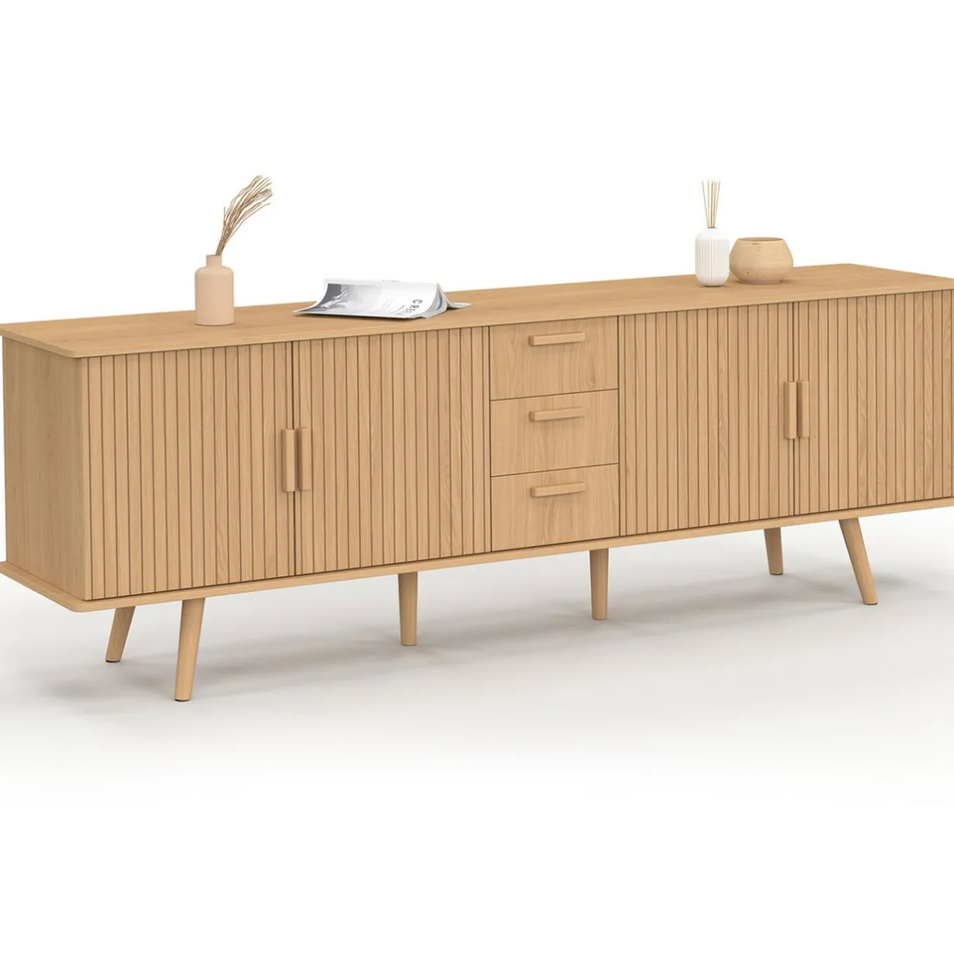 IDMarket Buffet XXL de 180 cm avec 4 portes et 3 tiroirs à l’effet lattes et tasseaux en bois coloris chêne* Meubles En Bois|Buffets