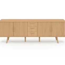 IDMarket Buffet XXL de 180 cm avec 4 portes et 3 tiroirs à l’effet lattes et tasseaux en bois coloris chêne* Meubles En Bois|Buffets