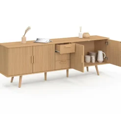 IDMarket Buffet XXL de 180 cm avec 4 portes et 3 tiroirs à l’effet lattes et tasseaux en bois coloris chêne* Meubles En Bois|Buffets