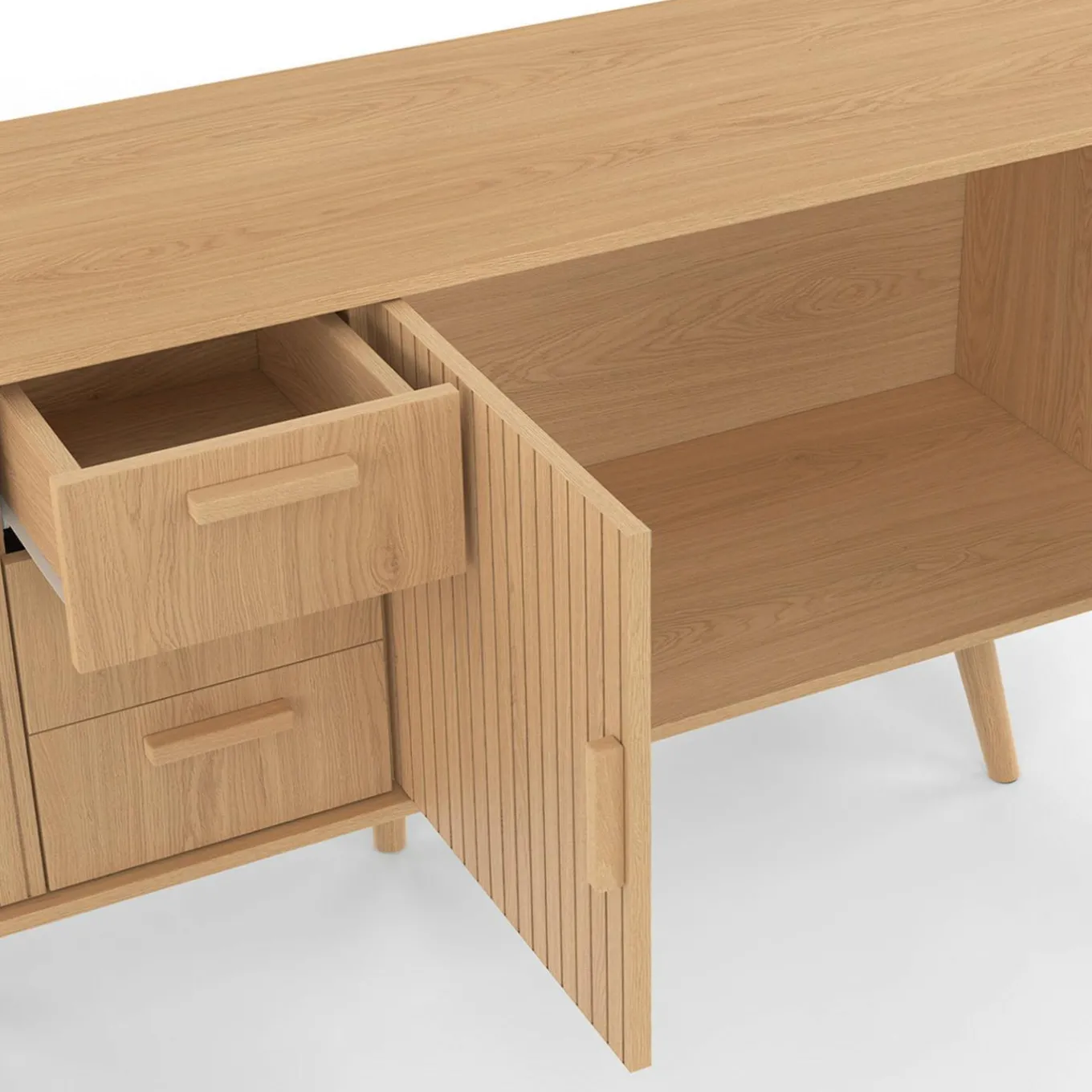 IDMarket Buffet XXL de 180 cm avec 4 portes et 3 tiroirs à l’effet lattes et tasseaux en bois coloris chêne* Meubles En Bois|Buffets