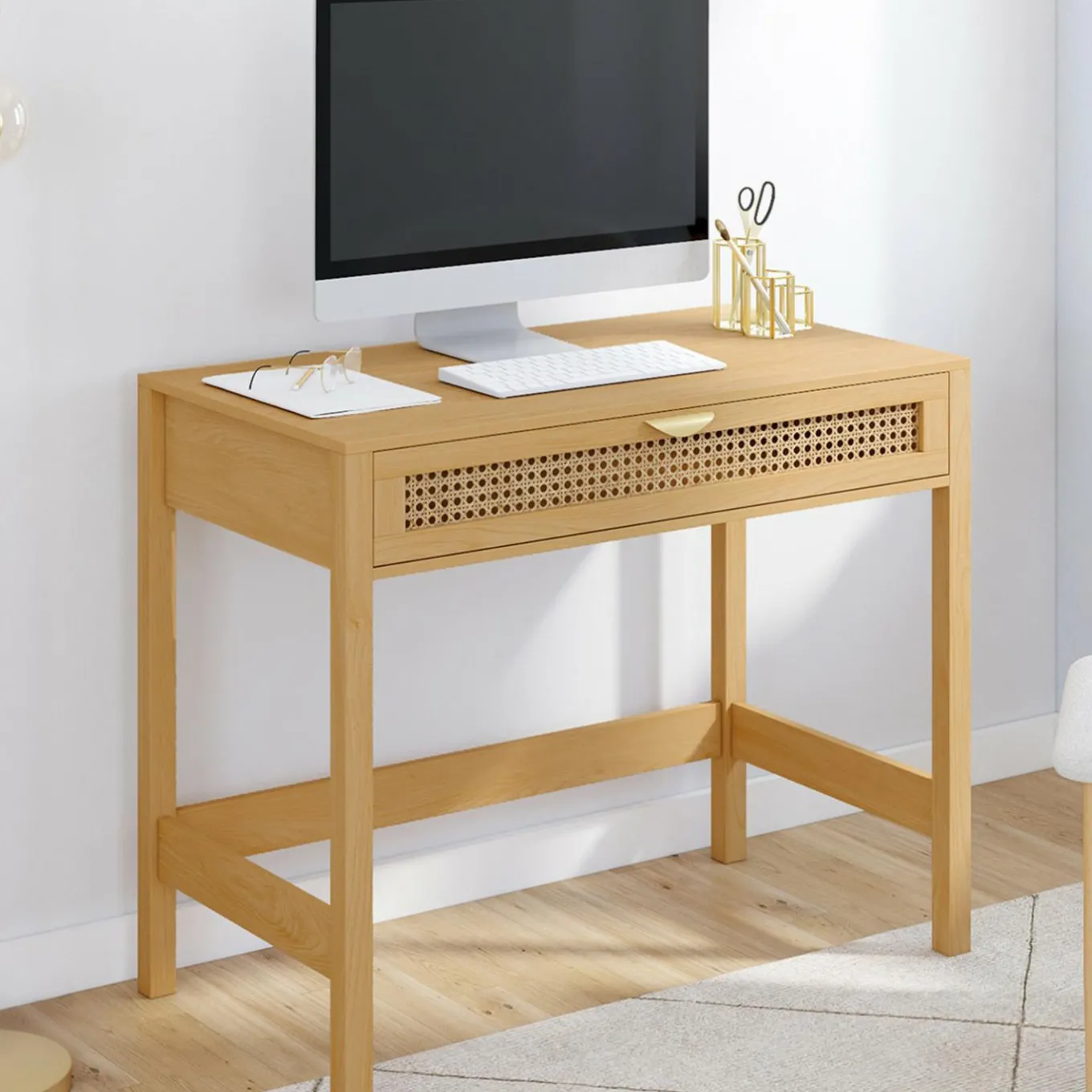 IDMarket Bureau 1 tiroir bois et cannage 90*50* Meubles En Bois|Bureaux Design