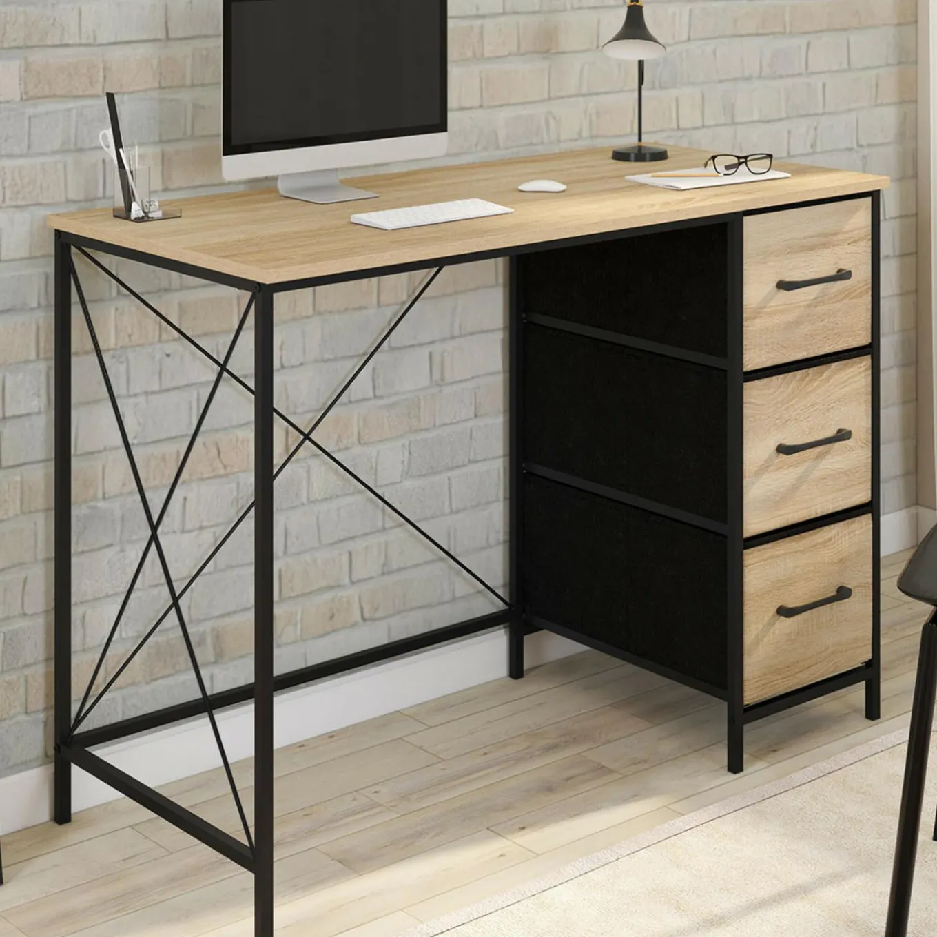 IDMarket Bureau 3 tiroirs design industriel en tissu bois et noir* Meubles En Bois|Bureaux De Travail