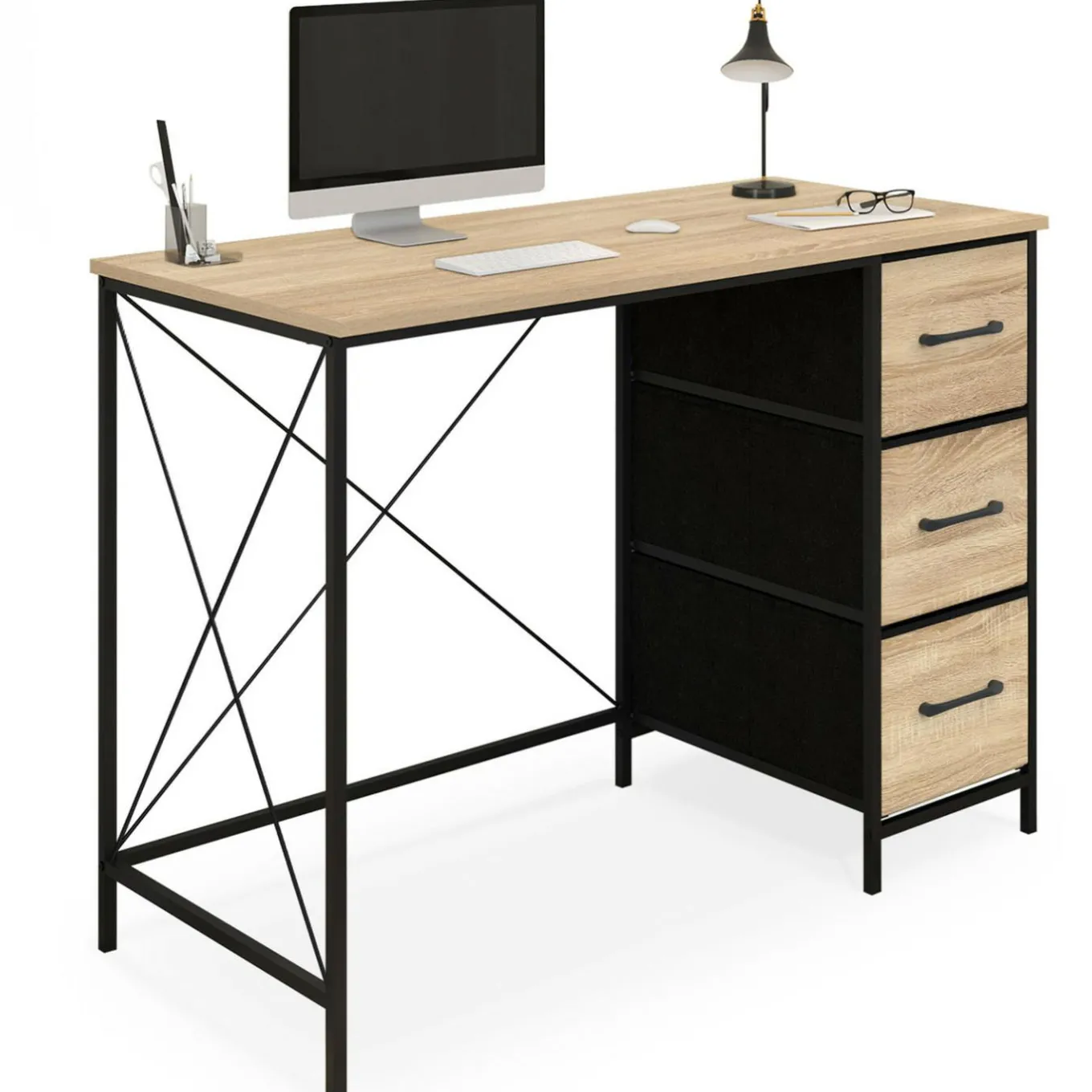 IDMarket Bureau 3 tiroirs design industriel en tissu bois et noir* Meubles En Bois|Bureaux De Travail