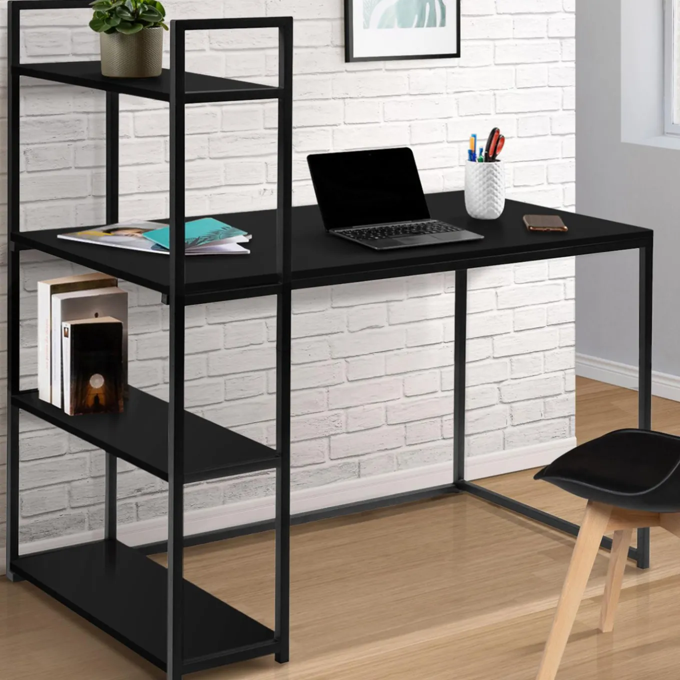 IDMarket Bureau bibliothèque noir design industriel* Meubles Hauts|Meubles Noirs