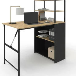 IDMarket Bureau bibliothèque pliable plateau rabattable bois façon hêtre et noir* Meubles Noirs|Meubles En Bois