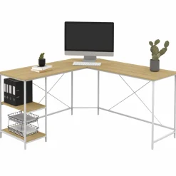 IDMarket Bureau d'angle en bois et métal blanc en forme de L* Collection Télétravail|Bureaux De Travail