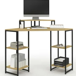 IDMarket Bureau d'angle industriel avec rangements bois et métal noir* Bureaux De Travail|Bureaux Avec Plan De Travail