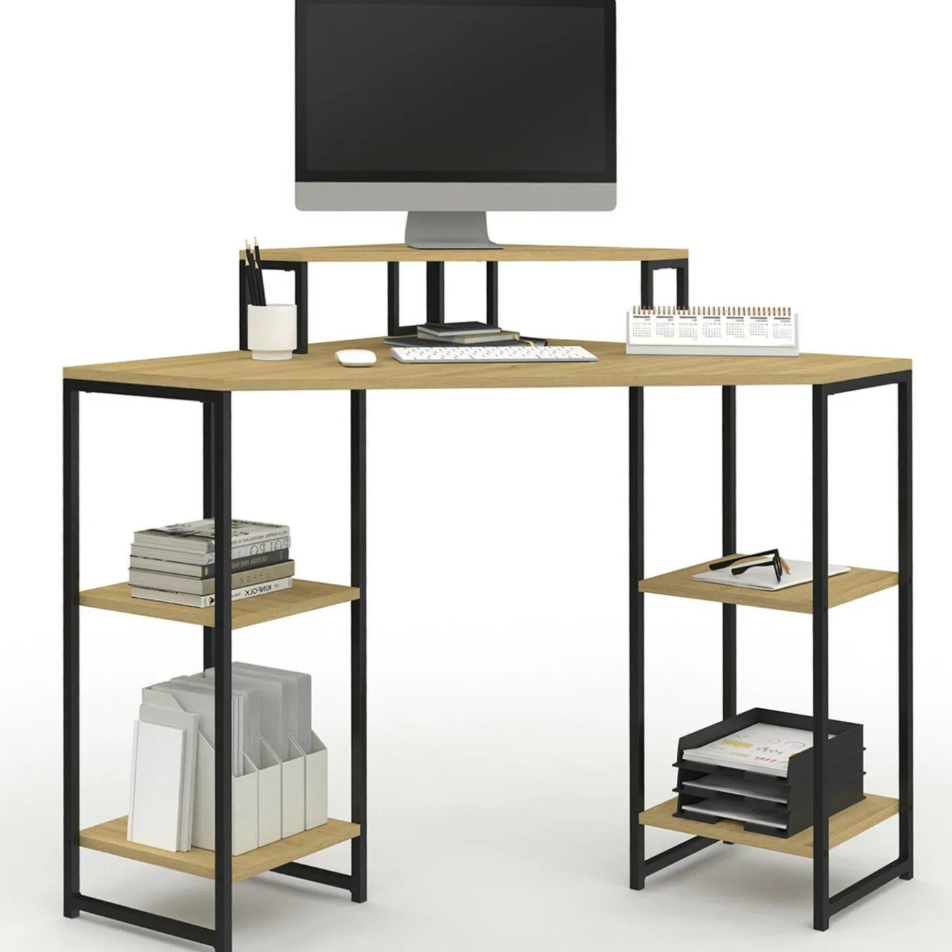 IDMarket Bureau d'angle industriel avec rangements bois et métal noir* Bureaux De Travail|Bureaux Avec Plan De Travail