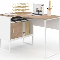 IDMarket Bureau d’angle industriel métal blanc et bois façon hêtre* Collection Télétravail|Petits Meubles