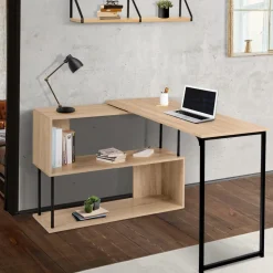 IDMarket Bureau d’angle rotatif 180° industriel avec étagère forme S* Collection Télétravail|Collection Industrielle