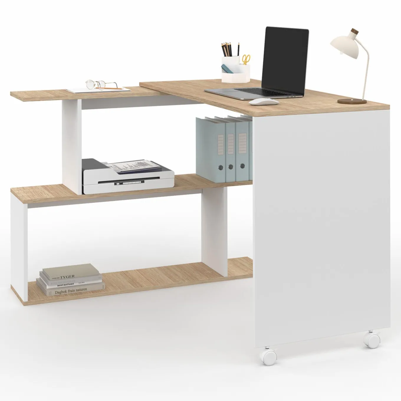 IDMarket Bureau d'angle rotatif en bois hêtre et blanc* Meubles En Bois|Collection Télétravail