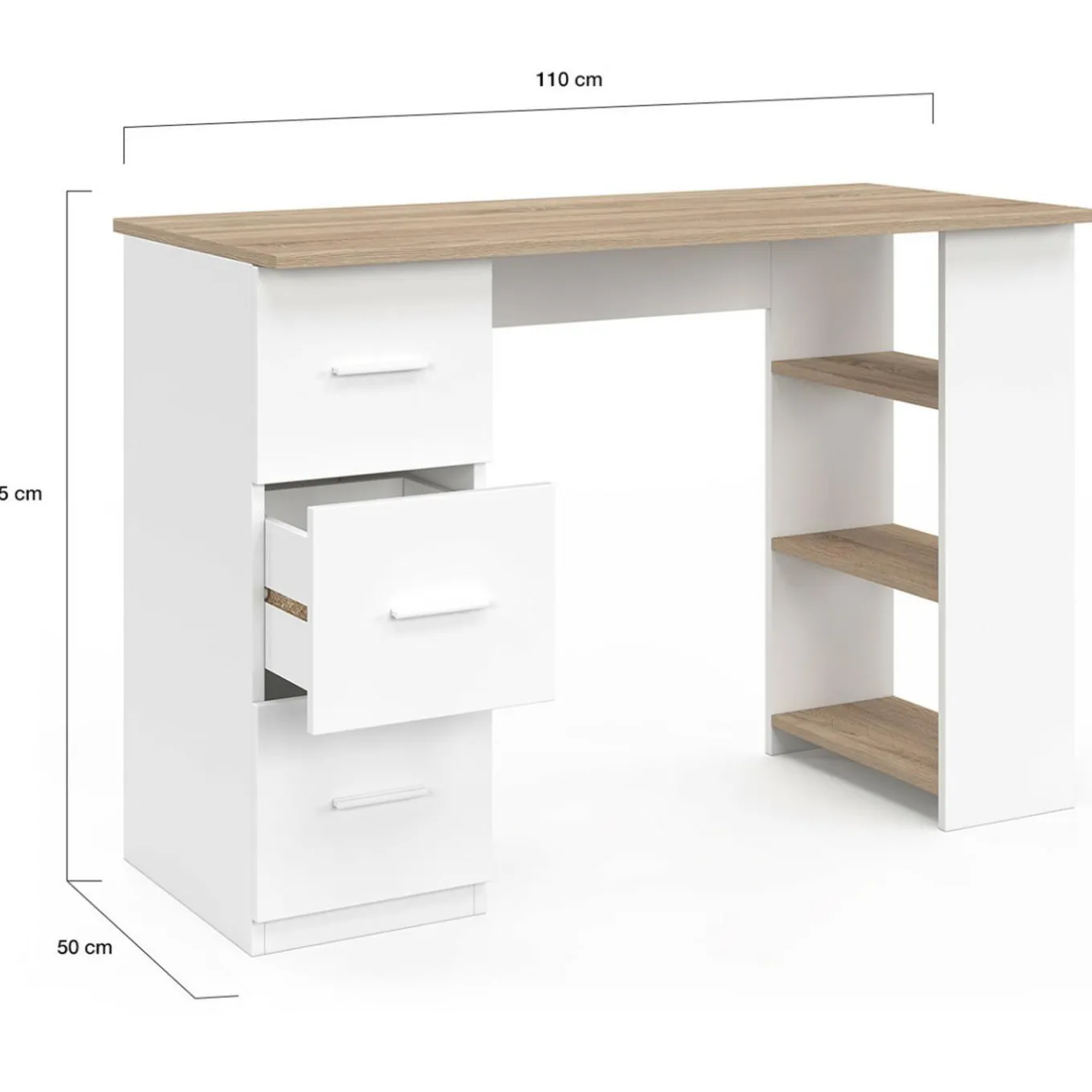 IDMarket Bureau droit 3 tiroirs avec étagères de rangement blanc et bois* Meubles En Bois|Collection Contemporaine