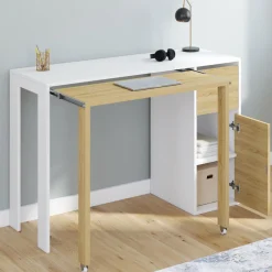 IDMarket Bureau extensible blanc et bois avec rangements* Meubles Blancs|Meubles En Bois