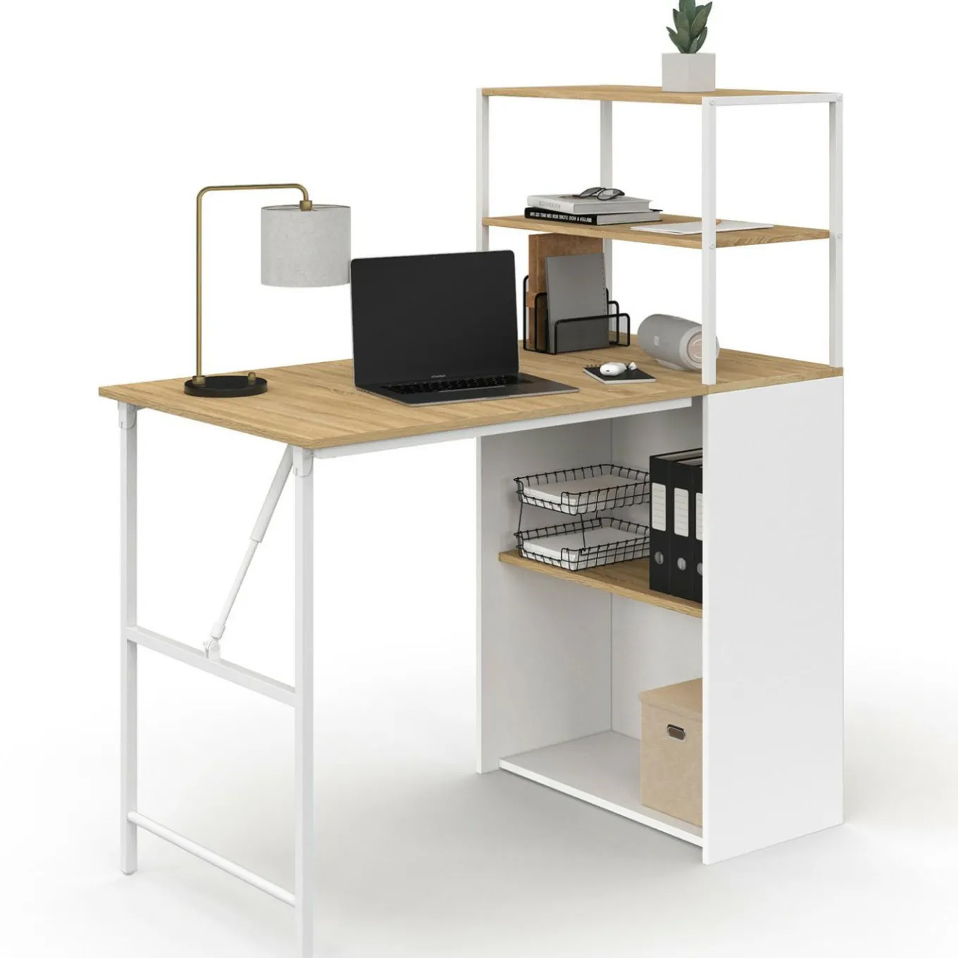 IDMarket Bureau pliable avec étagères bois façon hêtre et blanc* Meubles En Bois|Collection Télétravail