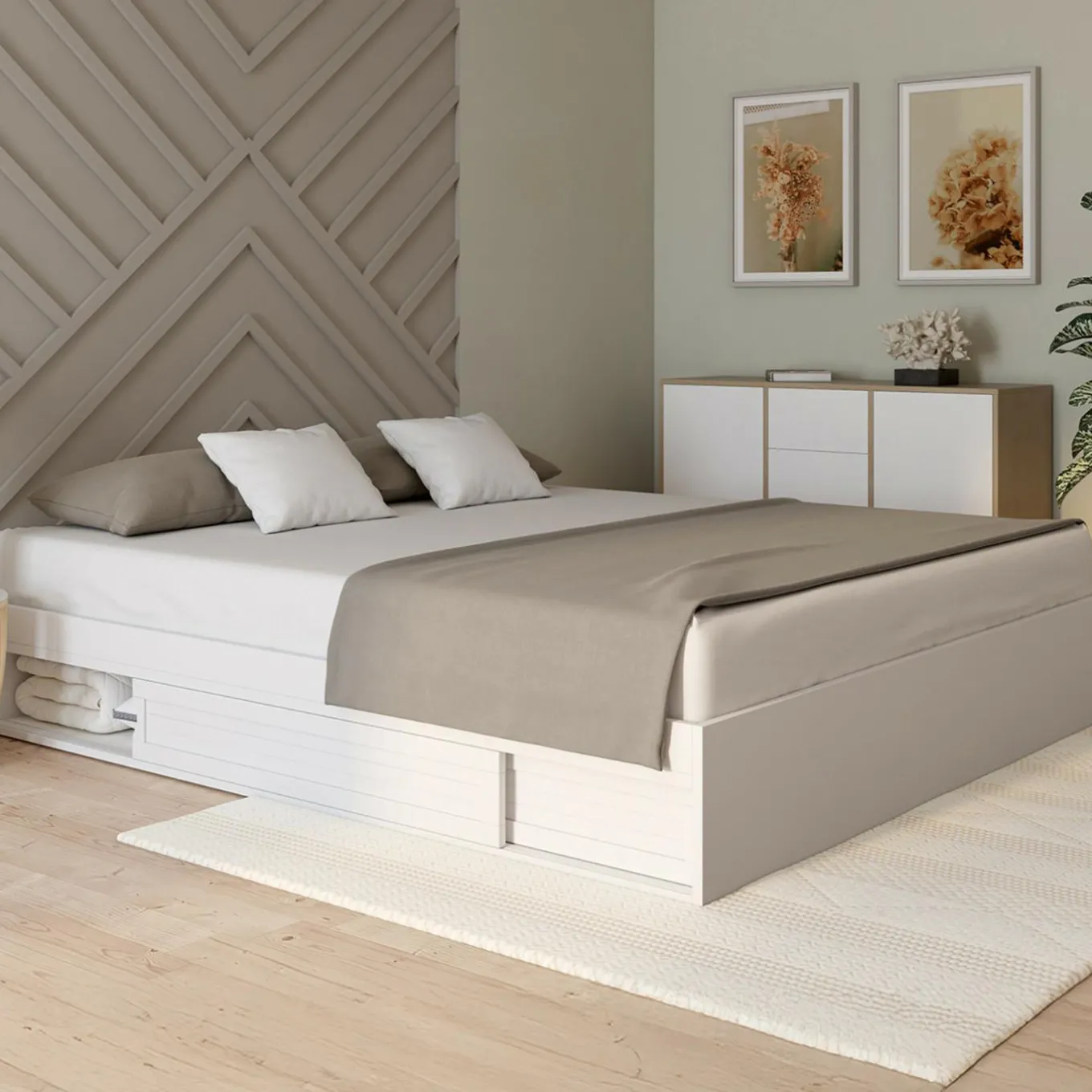 IDMarket Cadre de lit 180 x 200 cm avec rangements et sommier blanc* Chambre Complète Adulte|Lits Avec Sommier