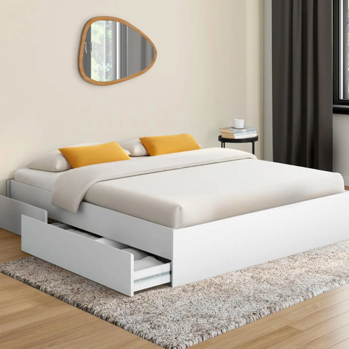 IDMarket Cadre de lit double 140x190 blanc avec 4 tiroirs et sommier* Collection Contemporaine|Lits Avec Sommier