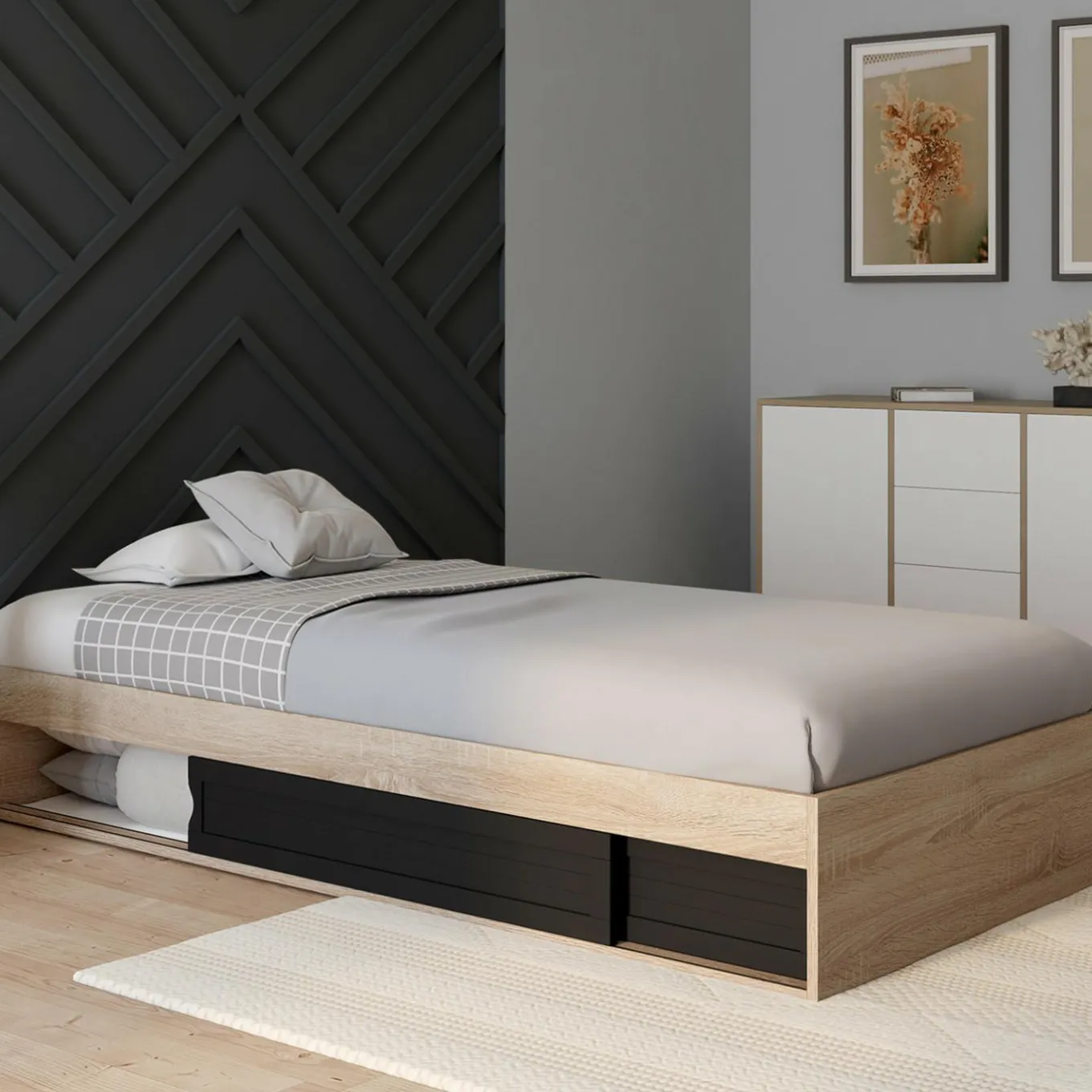 IDMarket Cadre de lit simple 90x190 cm bois façon hêtre et noir avec rangement et sommier 10 lattes* Collection Contemporaine|Chambre Complète Adulte