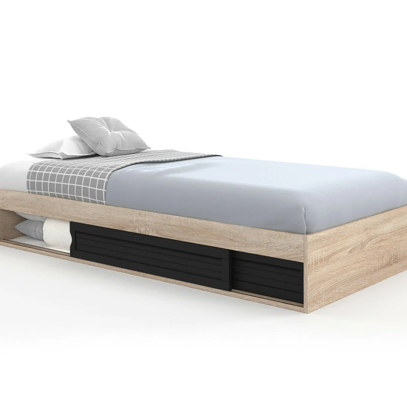 IDMarket Cadre de lit simple 90x190 cm bois façon hêtre et noir avec rangement et sommier 10 lattes* Collection Contemporaine|Chambre Complète Adulte