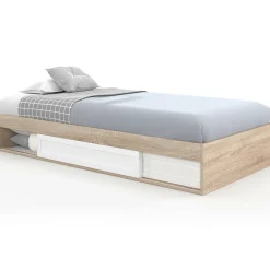 IDMarket Cadre de lit simple 90x190 cm bois façon hêtre et blanc avec rangement et sommier 10 lattes* Collection Contemporaine|Chambre Complète Adulte
